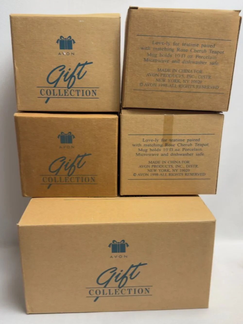 Avon 1998 Vintage Love ly Rose Cherub Teapot 4 Mugs Original Boxes Raised Roses